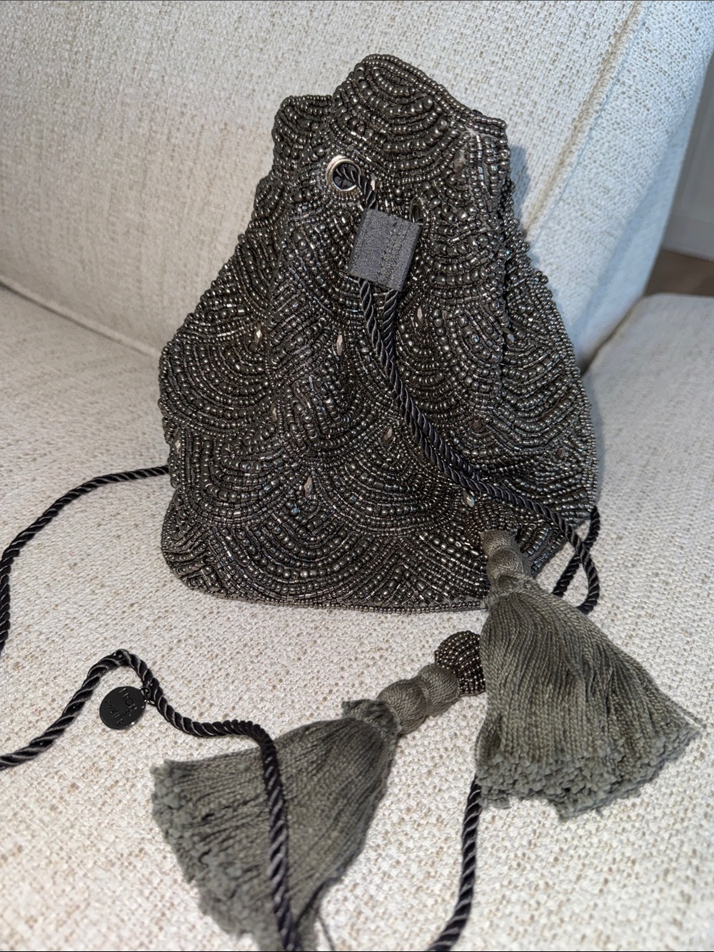From St. Xavier beaded scalloped elegant sparkly evening bag bucket cinched